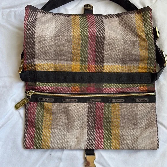 L.A.M.B. For Lesportsac Plaid Foldover Clutch with Black Strap and Gold Hardware - Picture 2 of 6